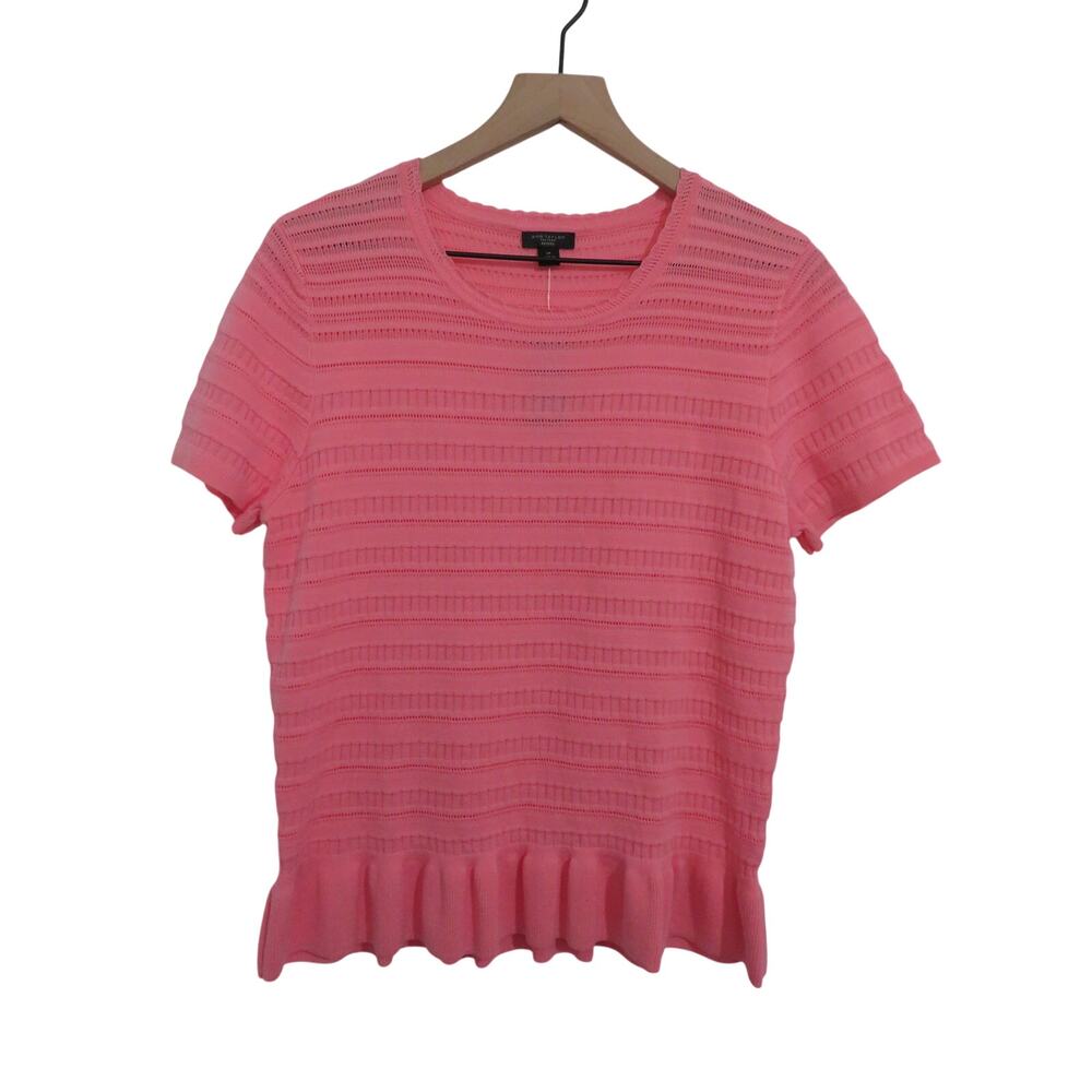 Ann Taylor Women Sz LP Pink Short Sleeve Ruffle Hem Striped Knit Sweater Top